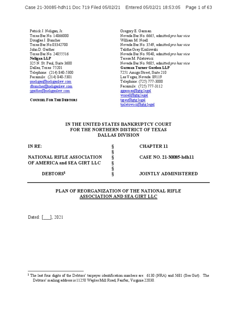 NRA Reorganization Plan | PDF | Bankruptcy In The United States | Chapter 11