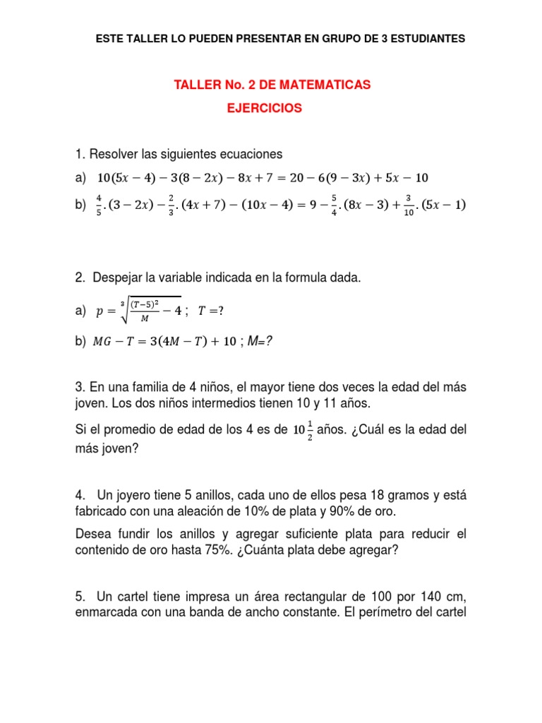 Taller No 2 de Matematicas | PDF | Métodos y materiales de enseñanza