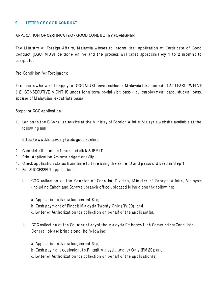 Letter of Good Conduct  PDF  Consul (Representative)  Malaysia