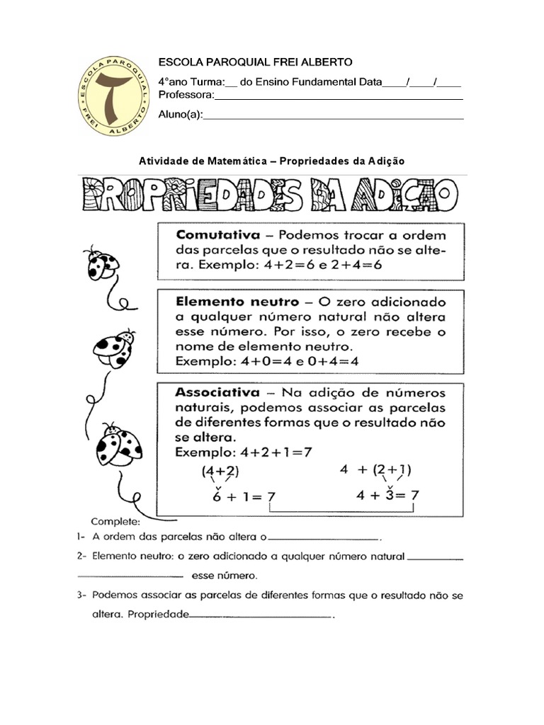 Atividade de Matemática - Propriedades Da Adição | PDF, image size:768x1024