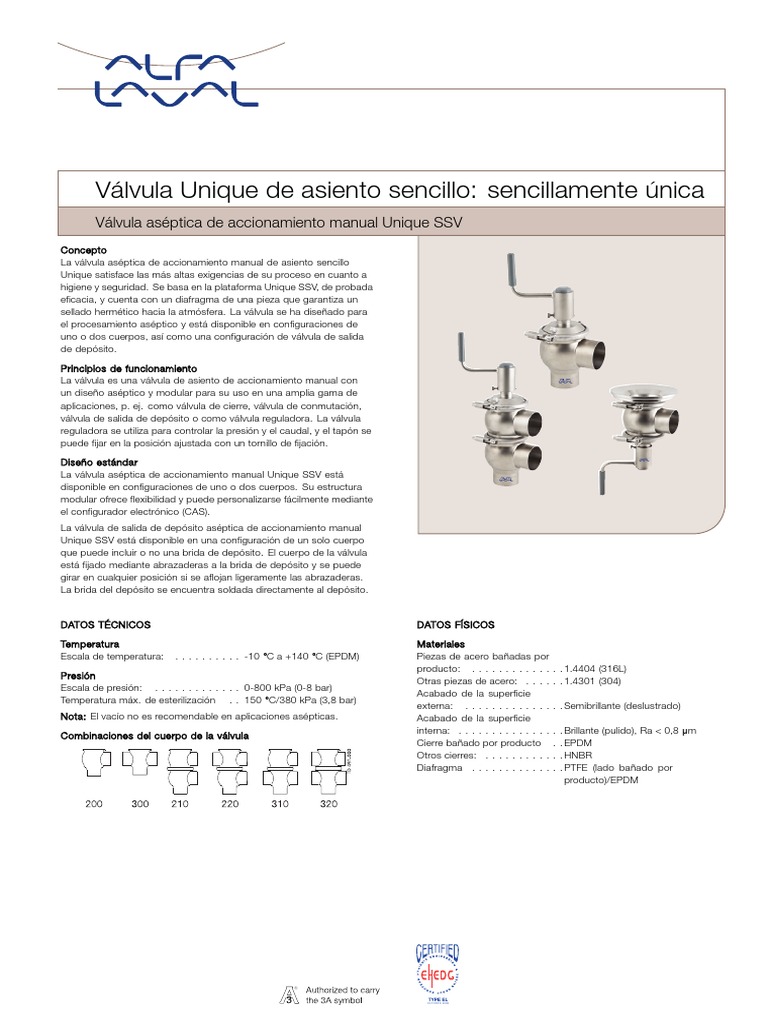 Alfa Laval Valvula Aseptica de Accionamiento Manual Unique SSV Folletos ...