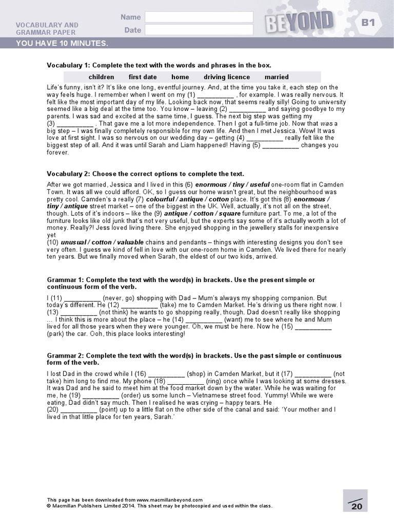 Bey B1 Unit1Test VocabularyandGrammarPaper | PDF | Business