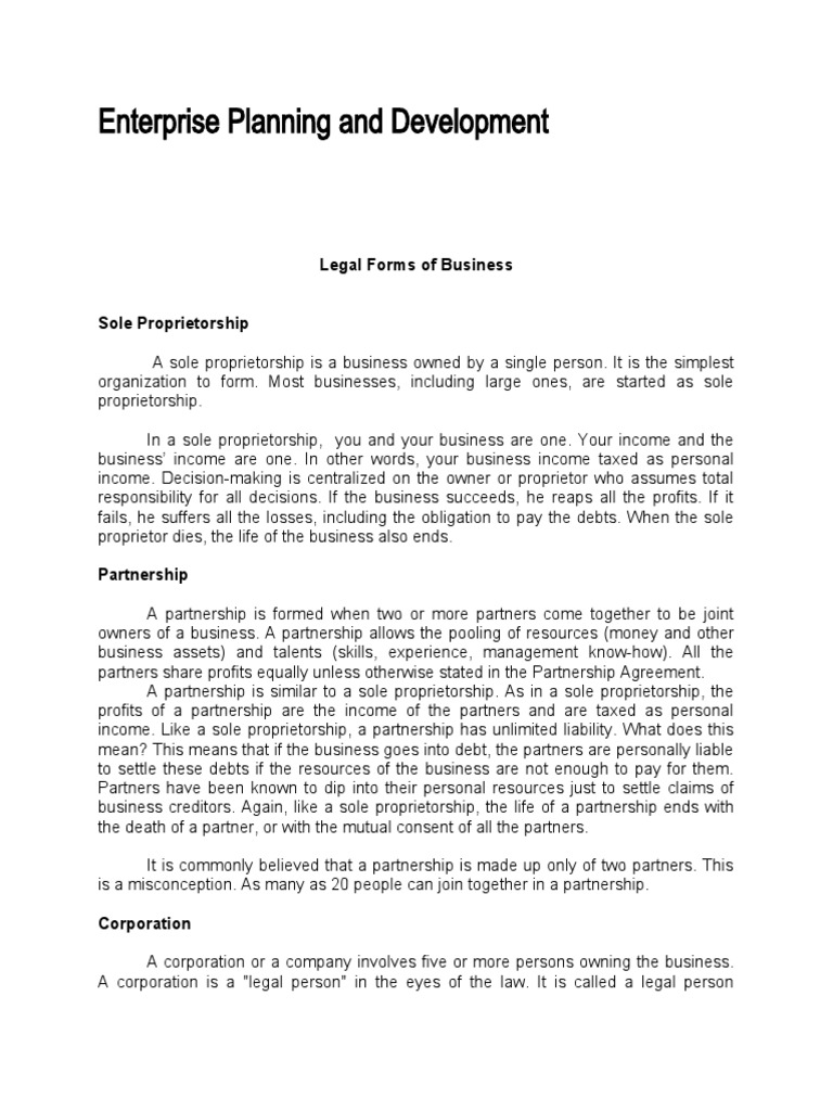 Enterprise Planning and Development Legal Forms of Business PDF
