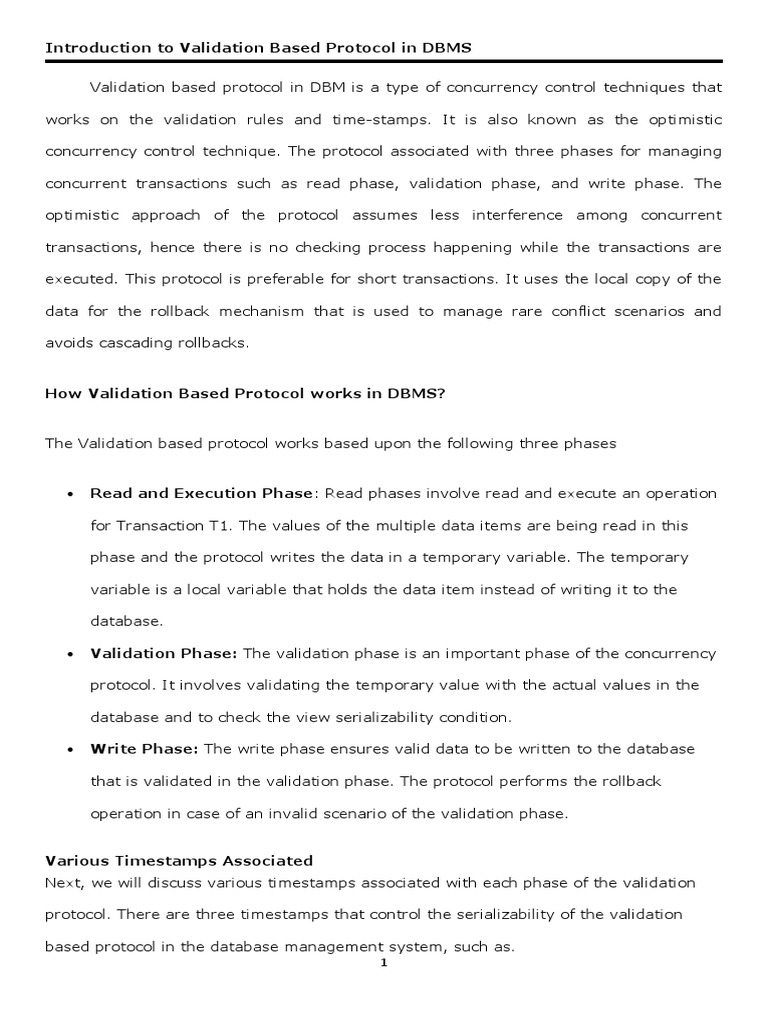 Introduction To Validation Based Protocol in DBMS PDF Database