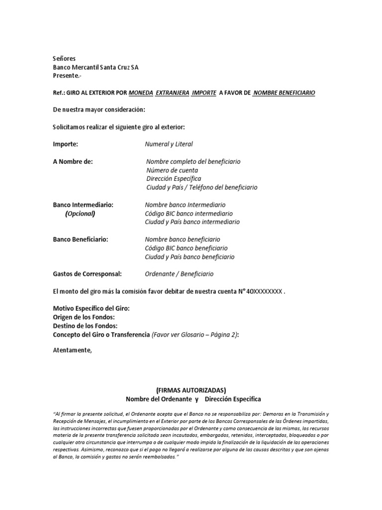Solicitud Giros Al Exterior Carta PDF Pagos Empresas