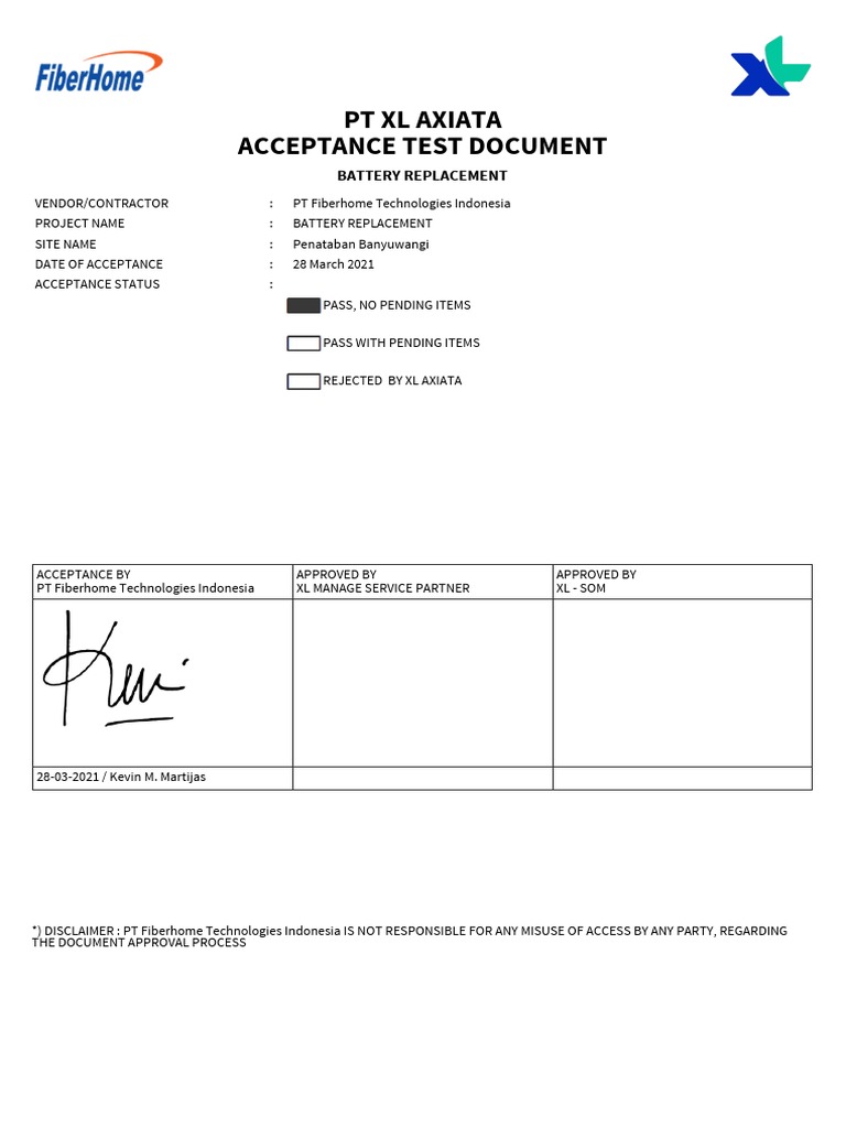 PT XL Axiata Acceptance Test Document Battery Replacement PDF