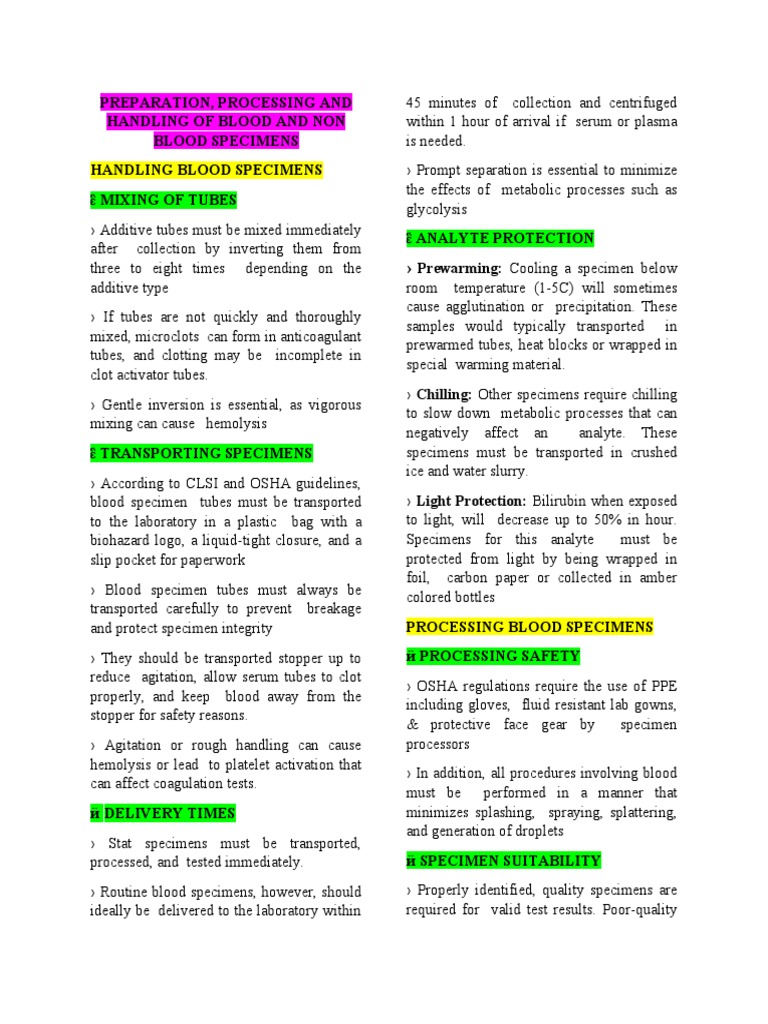 Blood Specimen Handling Guidelines | PDF | Urine | Blood Plasma