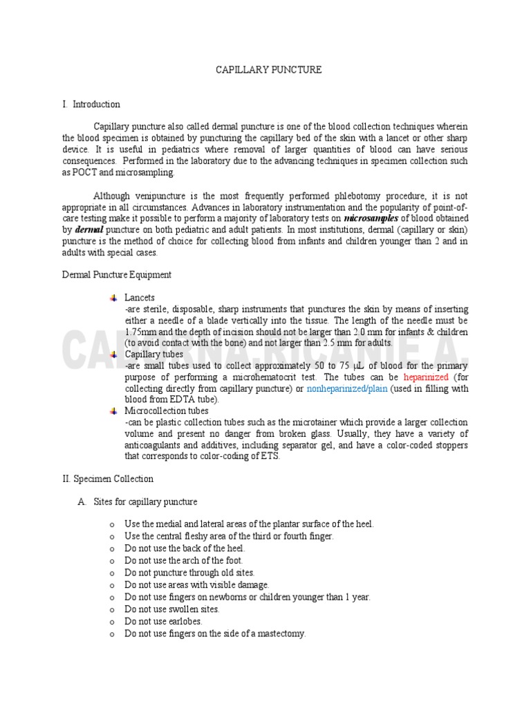 Summarization of Capillary Puncture | PDF | Blood | Medical Specialties