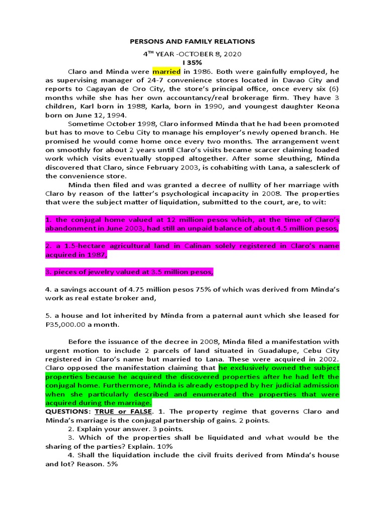 Family Law Case Study: Marriage Nullity and Property Liquidation | PDF ...