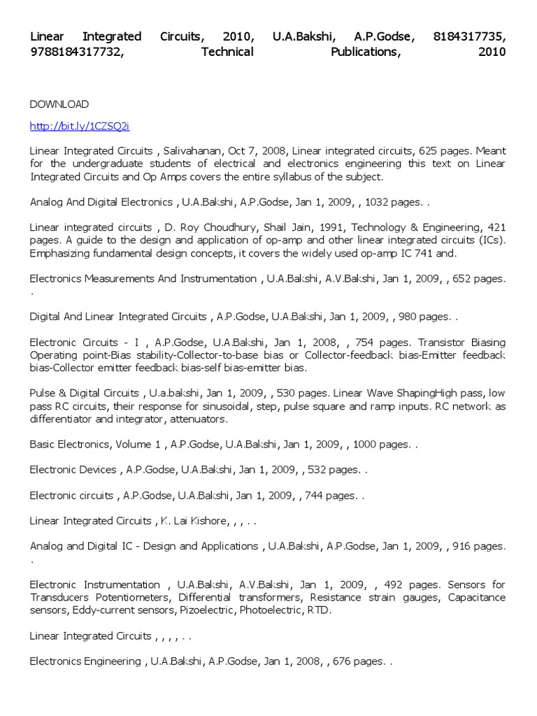 Linear Integrated Circuits, 2010, U.A.Bakshi, A.P.Godse, 8184317735