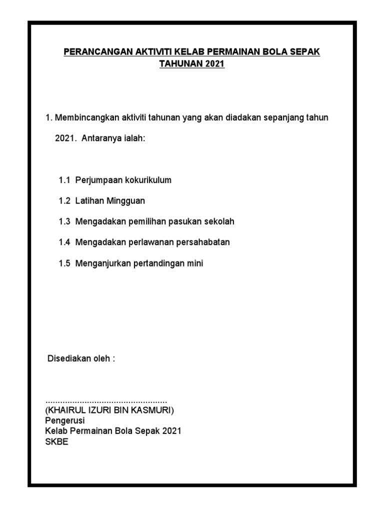 Perancangan Aktiviti Kelab Bola Sepak Tahunan 2021 Pdf