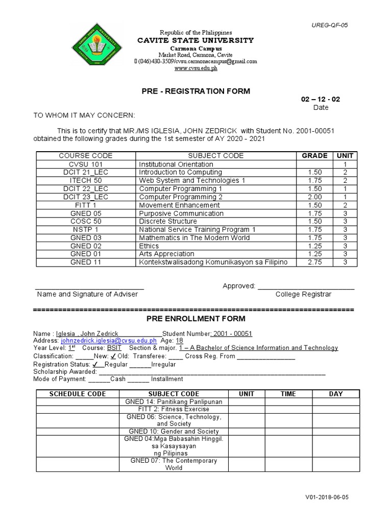 UREG QF 05 Pre Registration Form | PDF