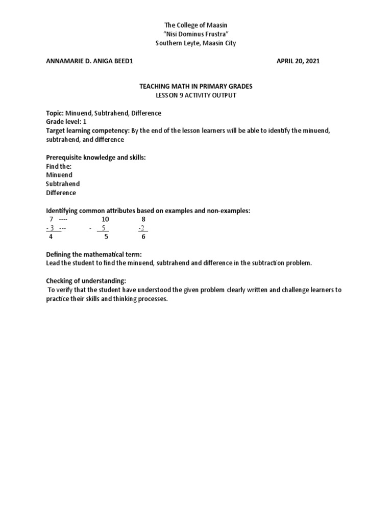 Teaching Subtraction in Grade 1 Math | PDF
