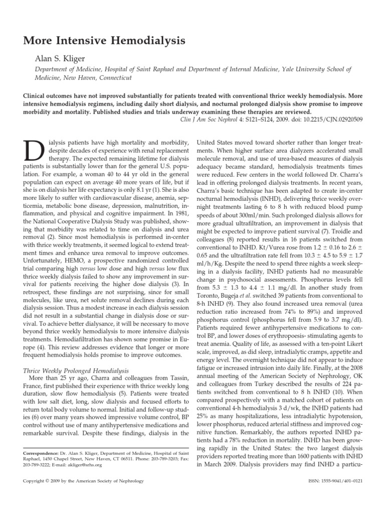 More Intensive Hemodialysis Alan S. Kliger PDF Dialysis Hemodialysis