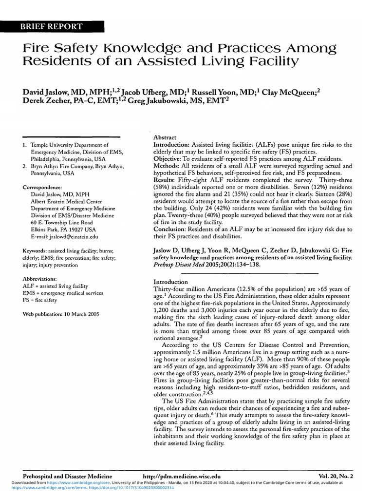 Fire Safety Knowledge and Practices Among Residents of An Assisted