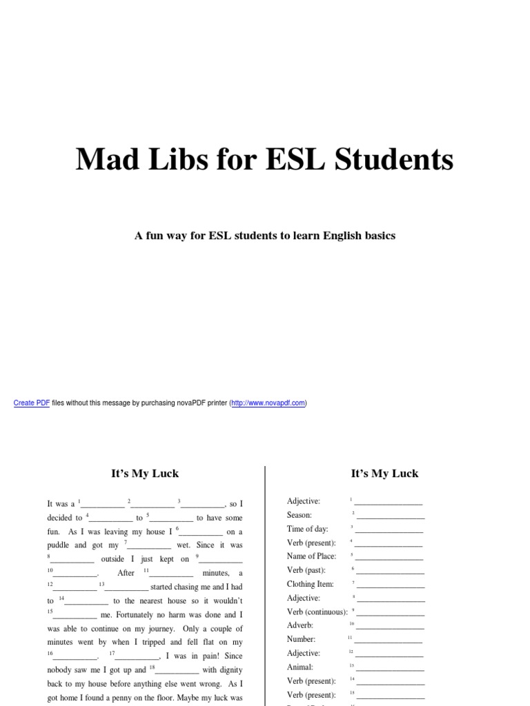worksheet Mad Lib Worksheets esl mad libs adjective verb