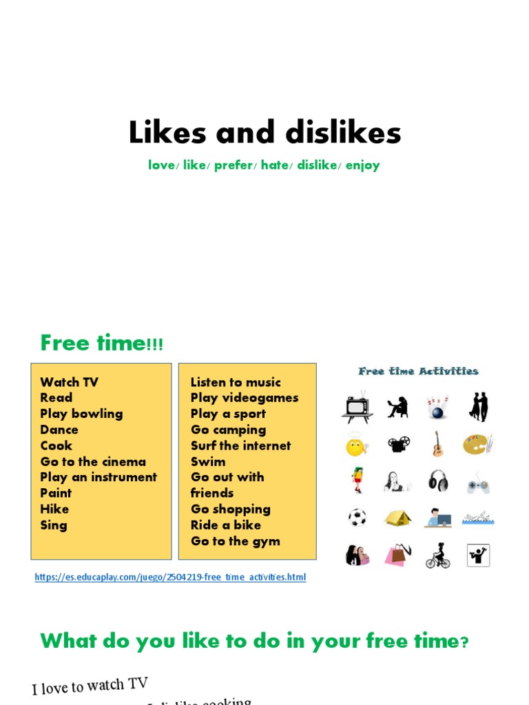 Likes and Dislikes: Love/ Like/ Prefer/ Hate/ Dislike/ Enjoy | PDF ...