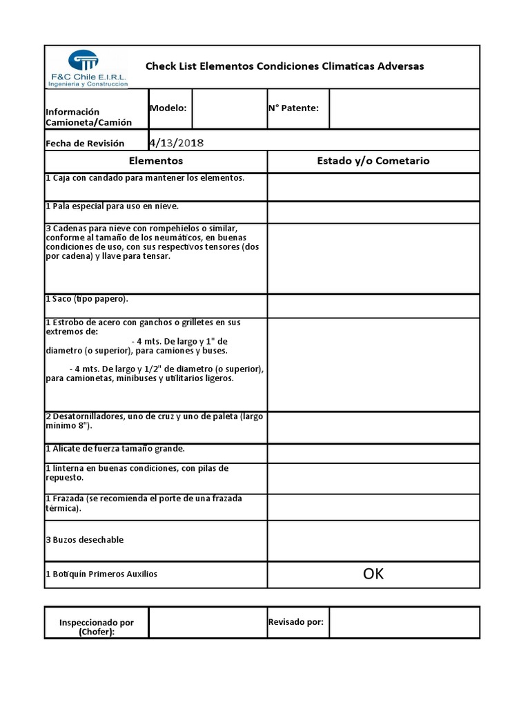 Check List Operación Invierno | PDF