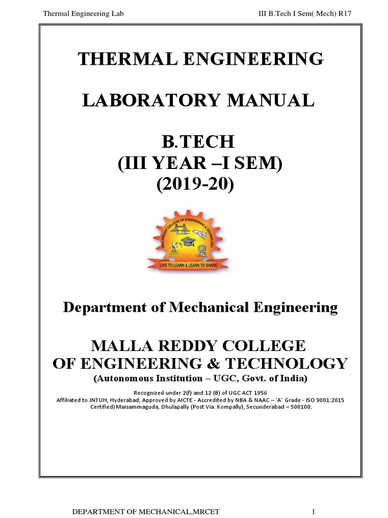Thermal Engineering Lab Manual R17 | PDF | Internal Combustion Engine ...
