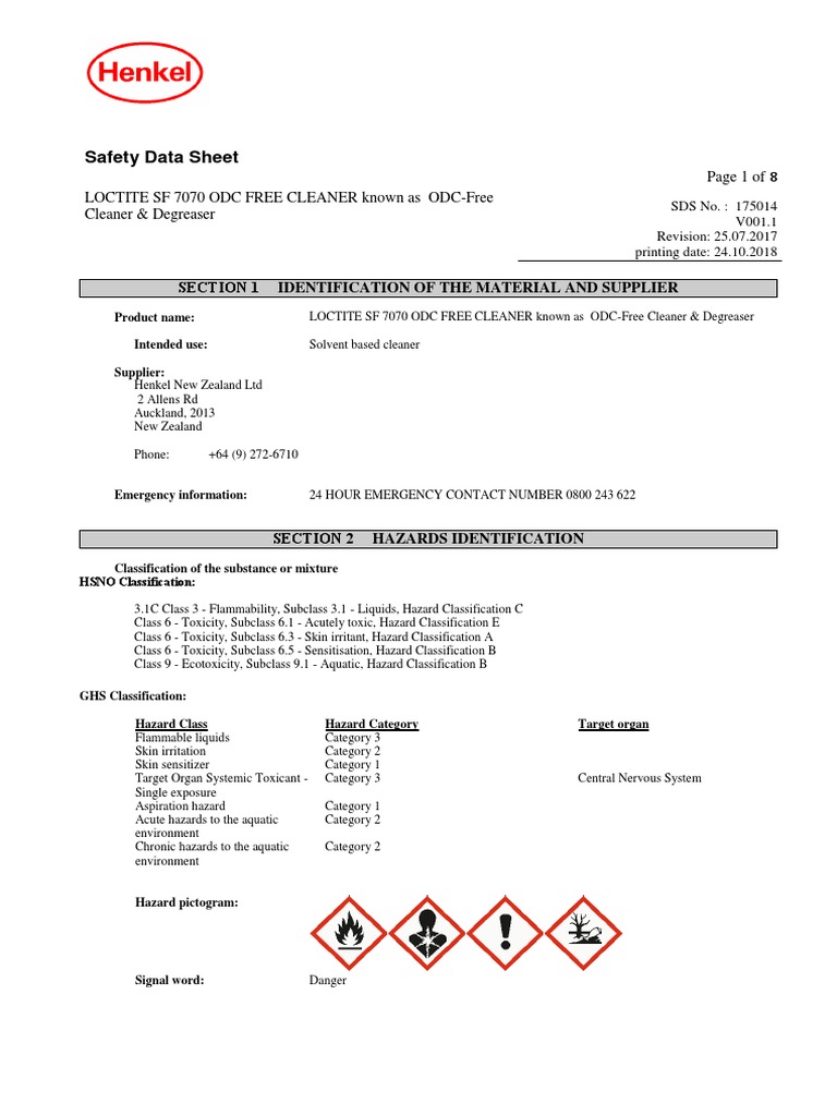msds odc free cleaner | pdf | dangerous goods | toxicity