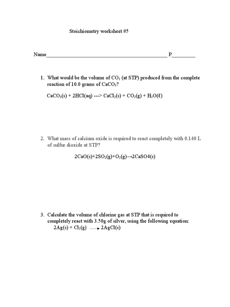Stoichiometry Worksheet 5 | PDF