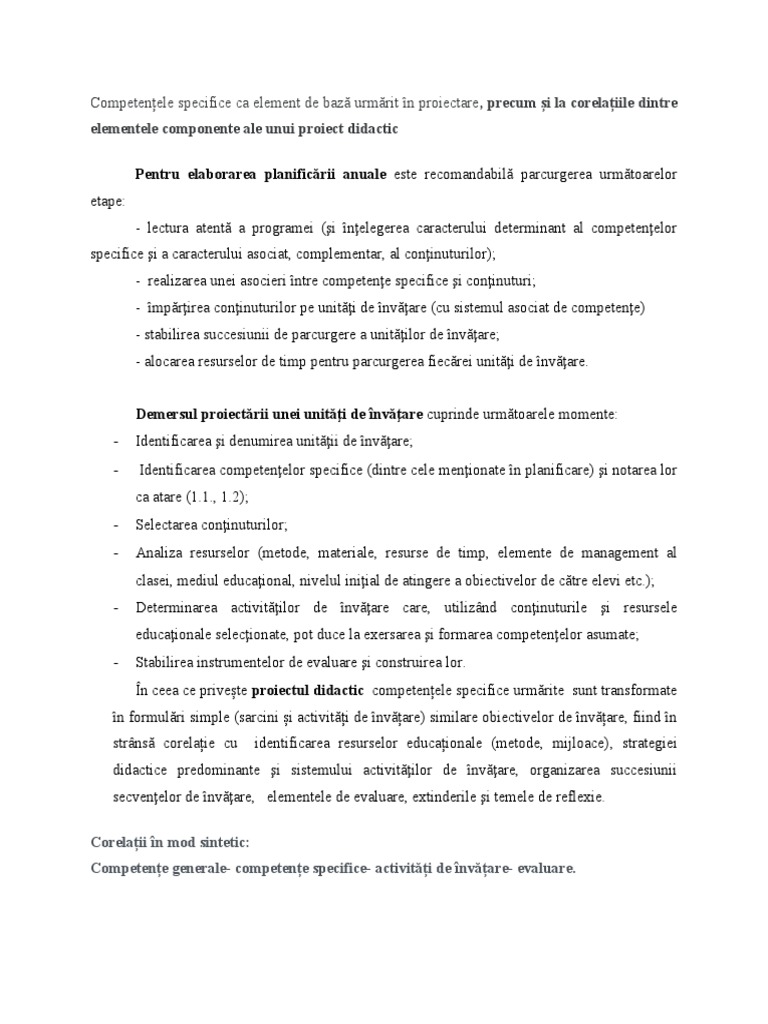 Competentele Specifice Ca Element de Baza Urmarit in Proiectare Precum ...