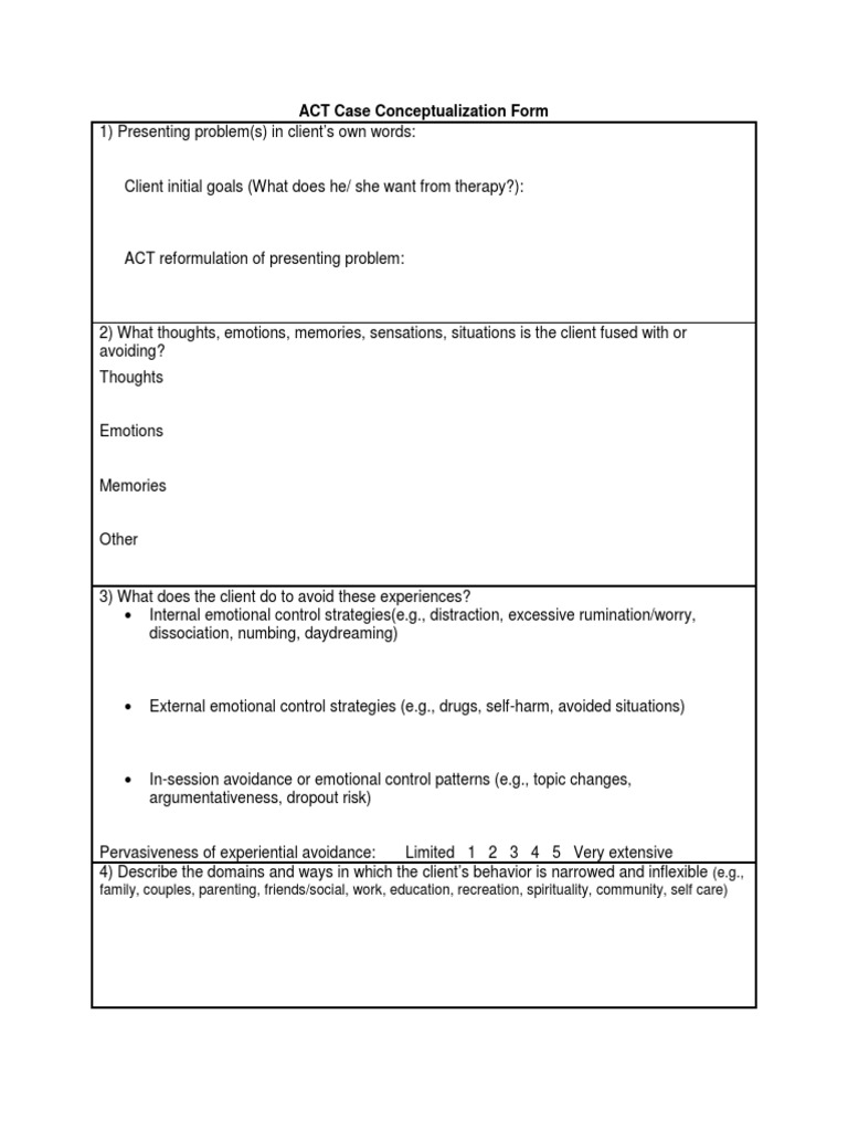 ACT Case Conceptualization Form From Learning ACT PDF