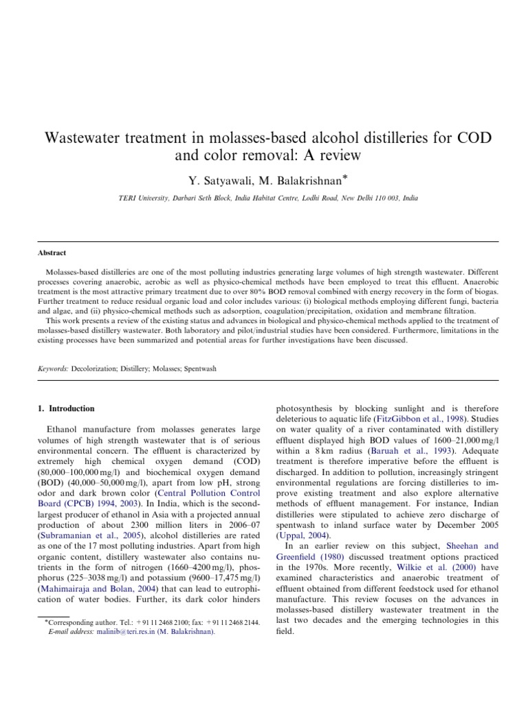 Wastewater Treatment in MolassesBased Alcohol Distilleries For COD