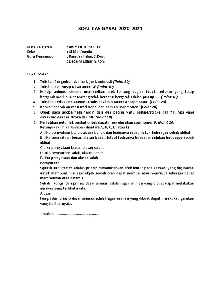 Soal Pas Animasi 2d 3d Gasal 2020 Pdf Metode Bahan Ajar Seni