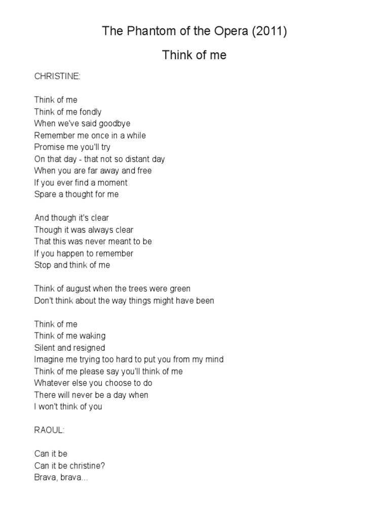 オペラ座の怪人 think of me 歌詞