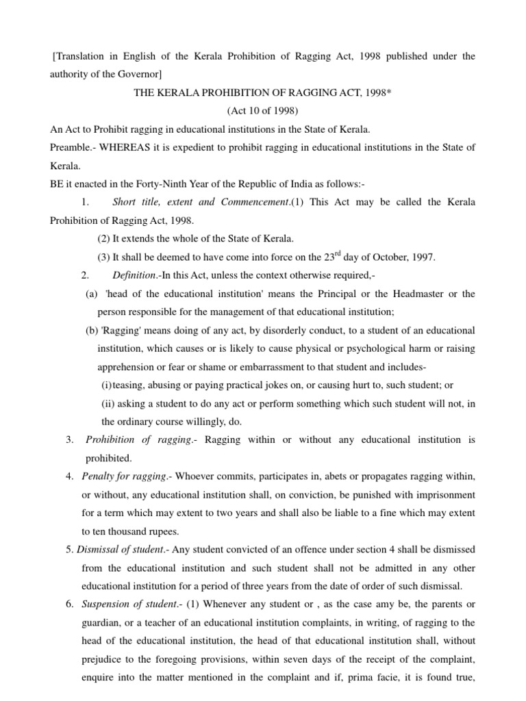 The Kerala Prohibition of Ragging Act | PDF | Repeal | Criminal Justice