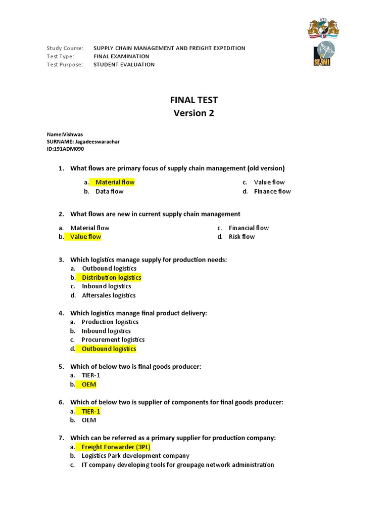 Supply Chain & Freight Exam | PDF | Logistics | Supply Chain Management