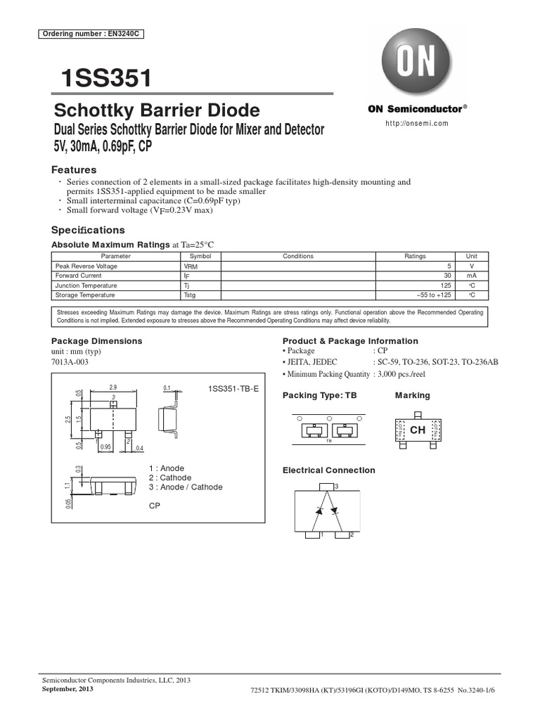 Schottky Barrier Diode Dual Series Schottky Barrier Diode For Mixer and Detector 5V, 30ma, 0