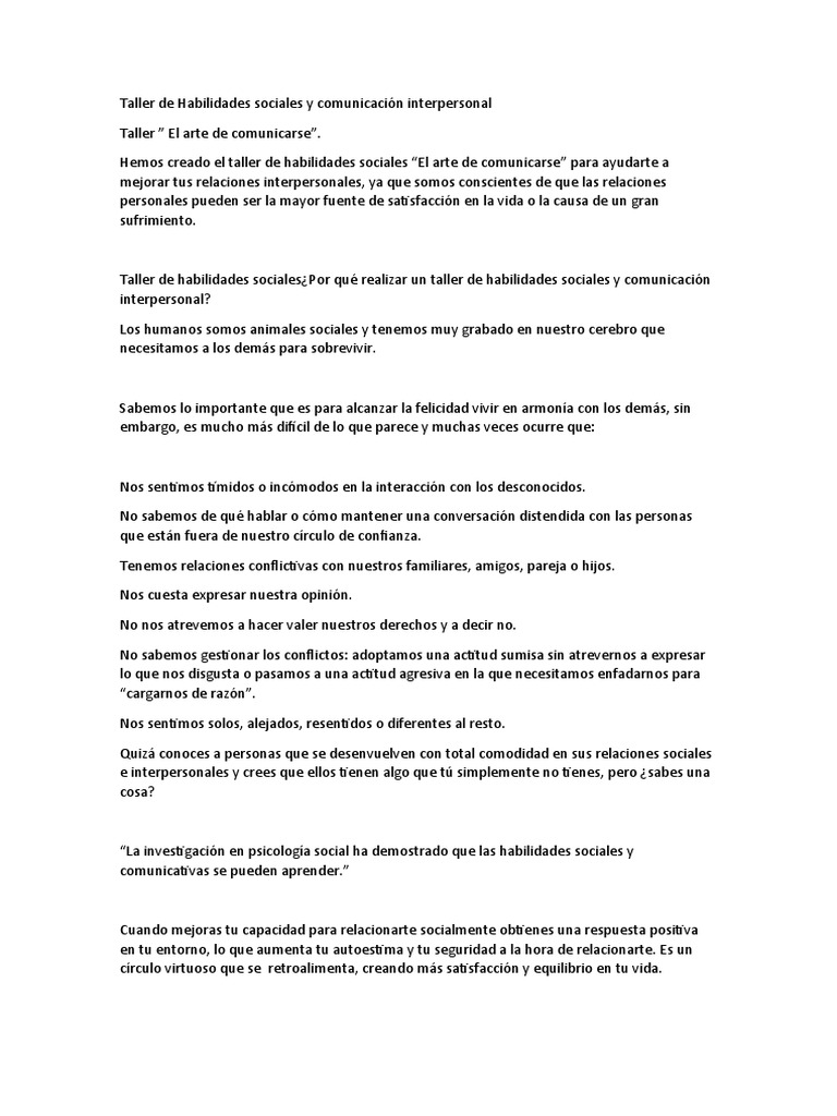 Taller de Habilidades Sociales y Comunicación Interpersonal | PDF ...