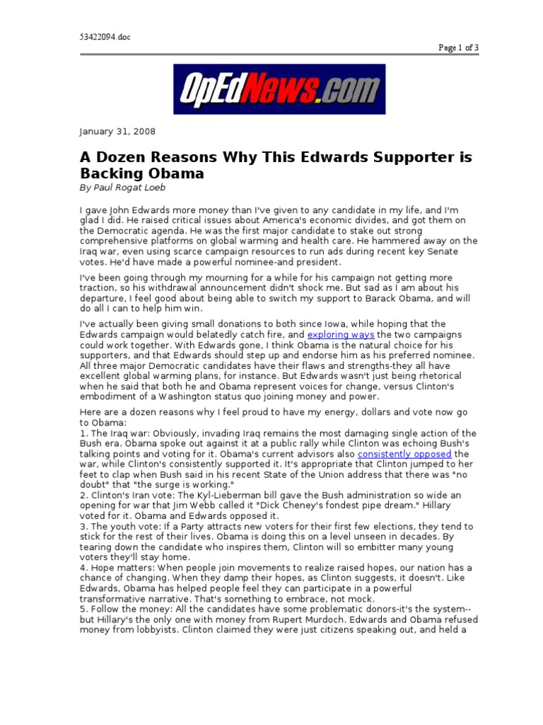 01-31-08 OpEdNews-A Dozen Reasons Why This Edwards Supporter | PDF ...