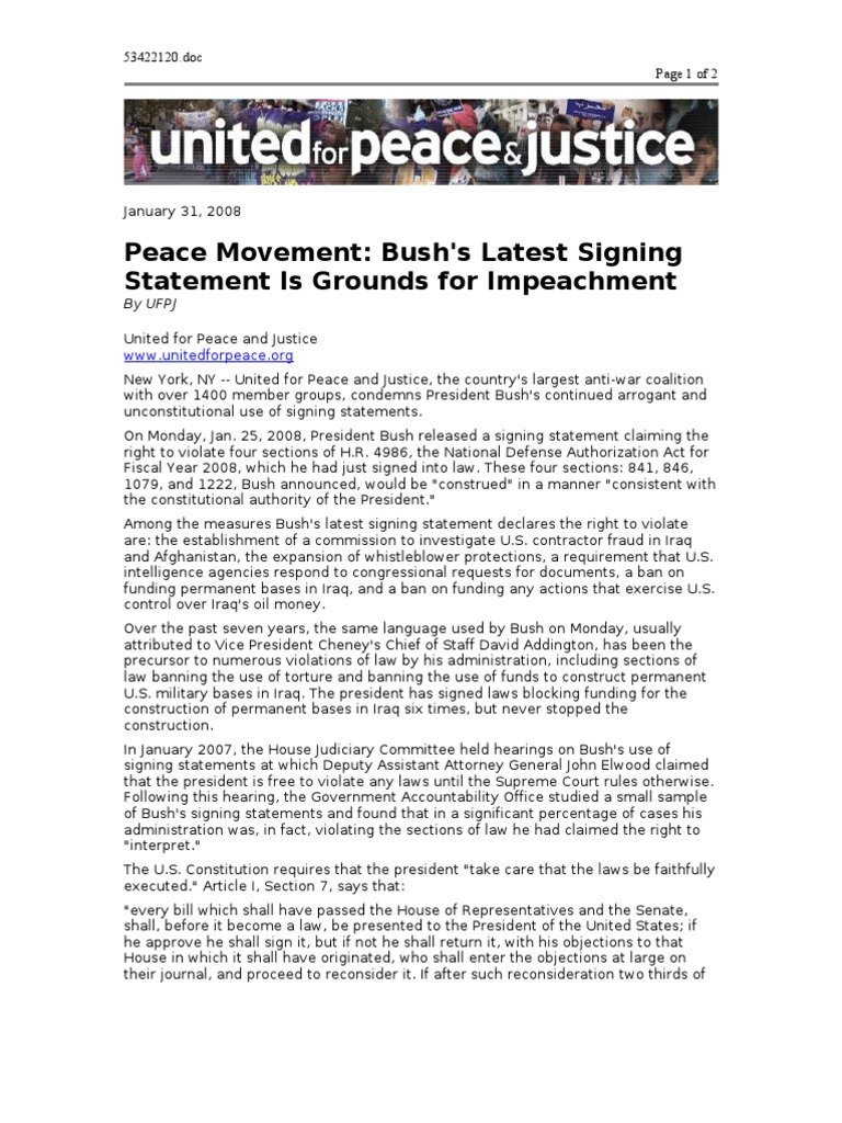Bush's Signing Statement and Impeachment | PDF | George W. Bush ...