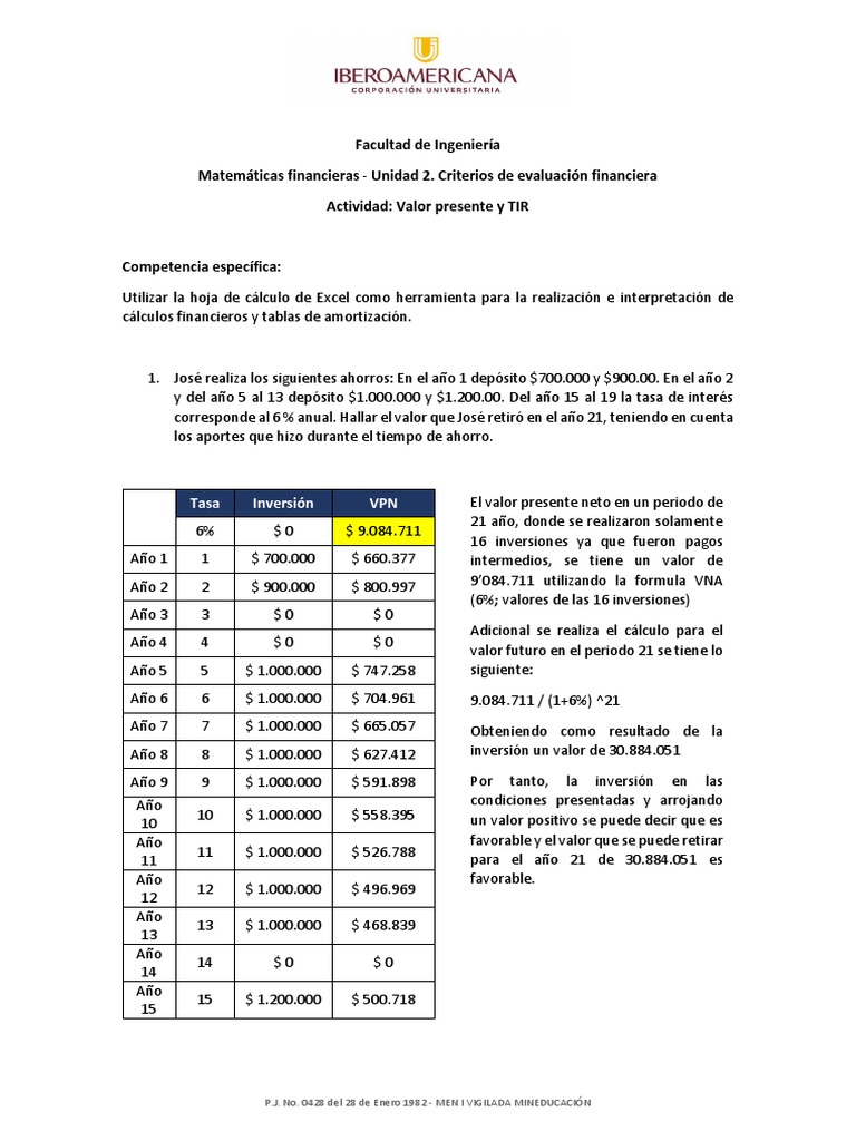 Cálculos de Valor Presente y TIR en Excel | PDF | Dinero | Economias