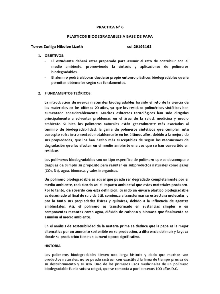 Practica #6 Obt. Láminas Con Polímero Biodegradable A Partir de La Papa ...