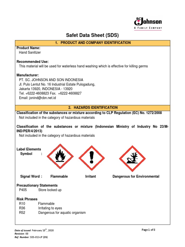 Hand Sanitizer Safety Data Sheet | PDF | Dangerous Goods | Personal ...