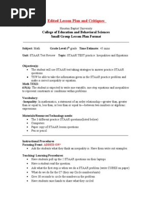 small group lesson plan-inequalites math feildwork -edited version and critques