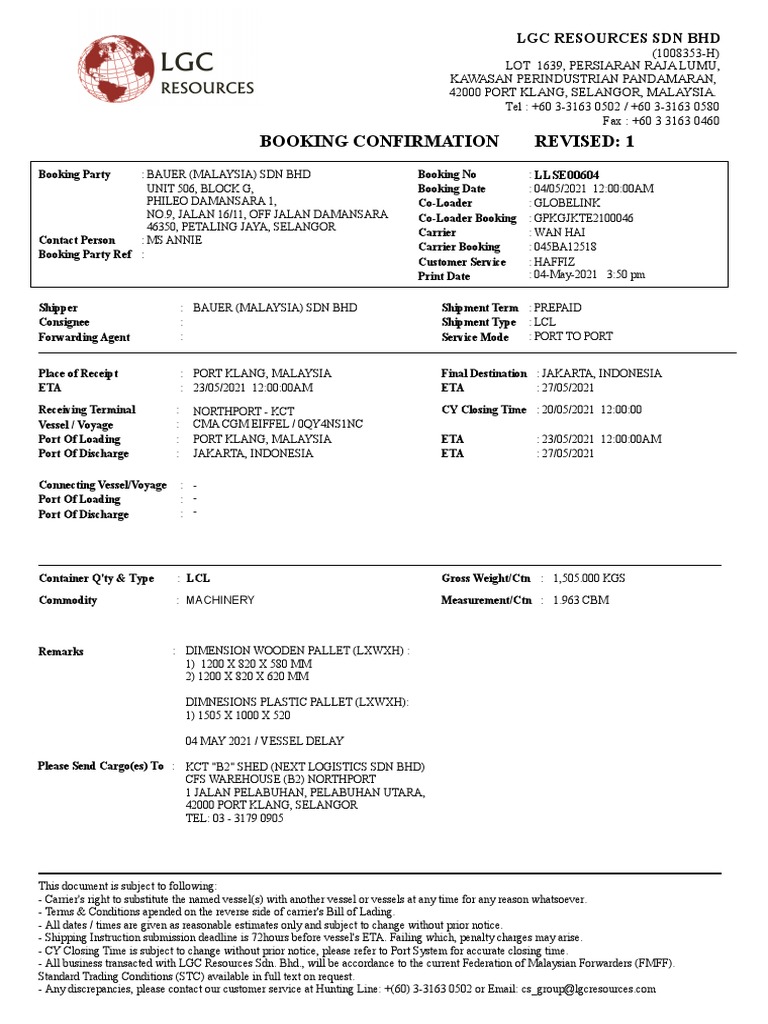 Booking confirmation for shipment of machinery from malaysia to