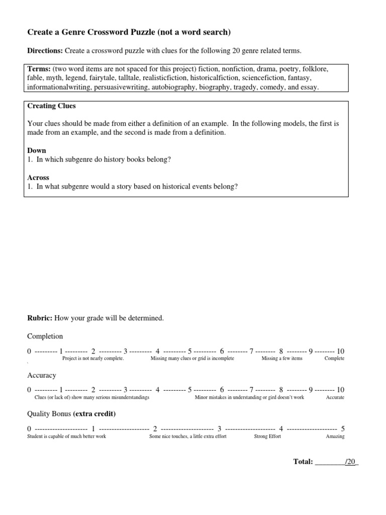 Genre Crossword Puzzle PDF
