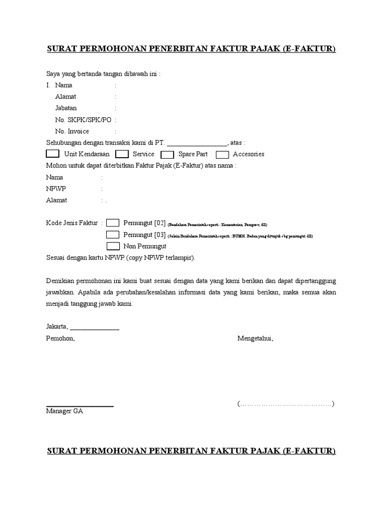 Surat Permohonan Penerbitan Faktur Pajak | PDF