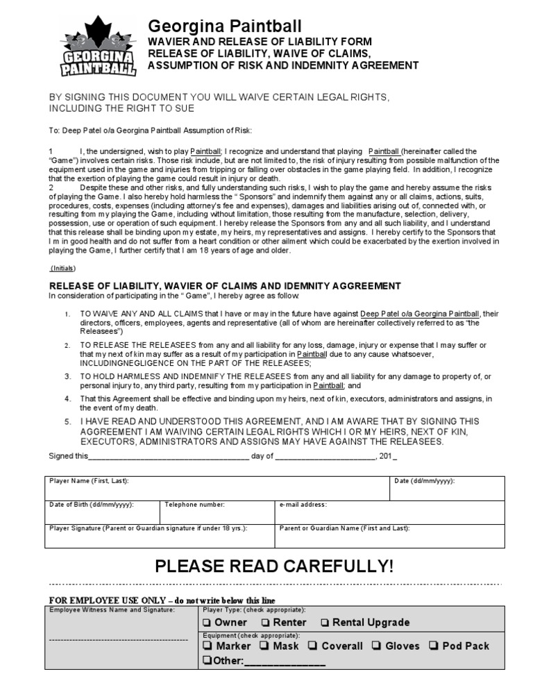Paintball WAIVER FORM Indemnity Legal Concepts
