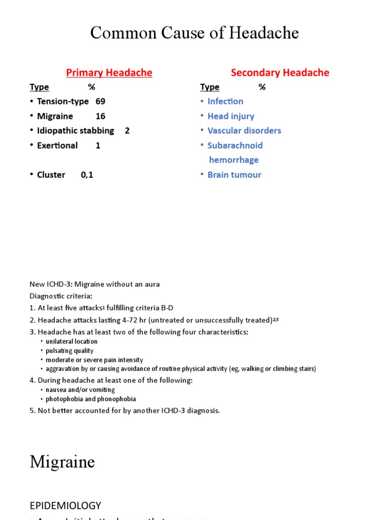 Common Cause of Headache: Primary Headache Secondary Headache | PDF ...