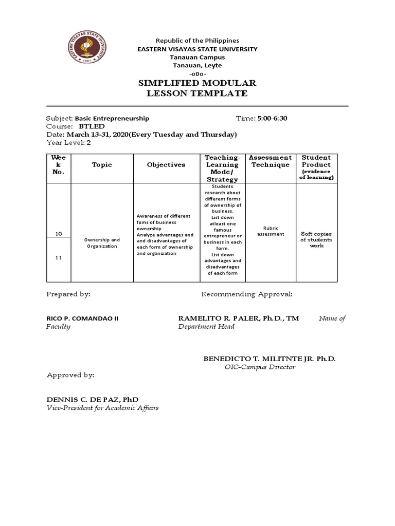 Basic Entrepreneurship Lesson Plan | PDF | Entrepreneurship | Teaching
