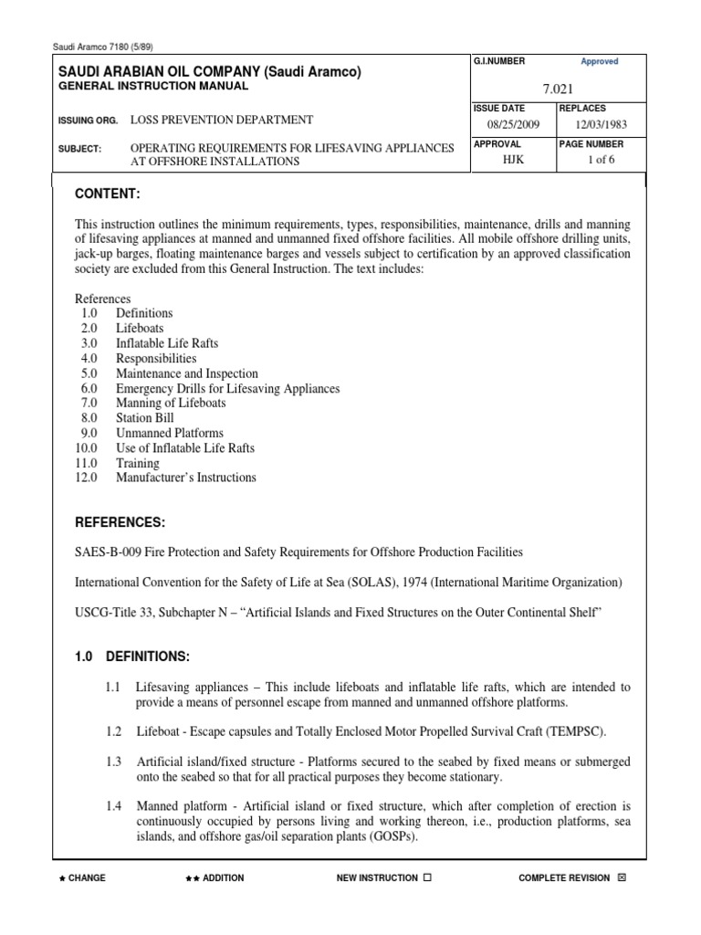 7.021 Operating Requirements For Lifesaving Appliances at Offshore ...