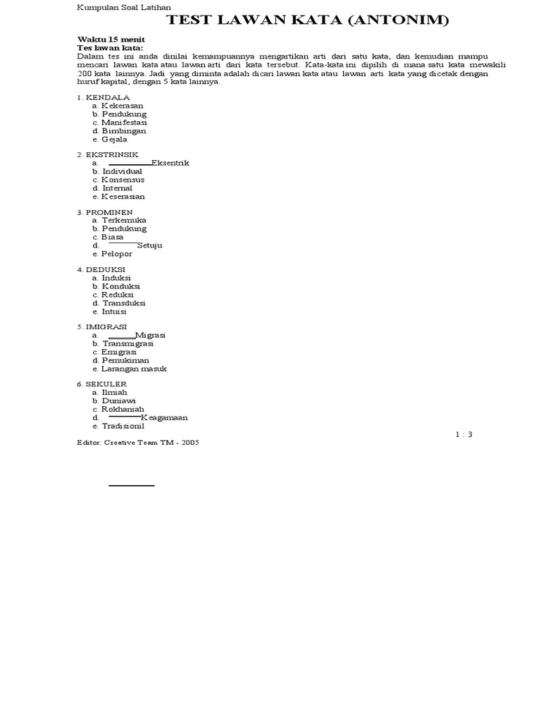 Psikotest Test Antonim Lawan Kata