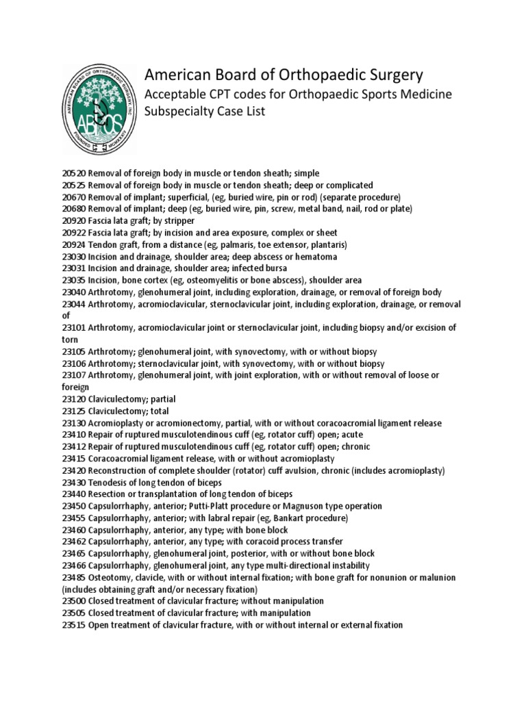 American Board of Orthopaedic Surgery Acceptable CPT Codes For
