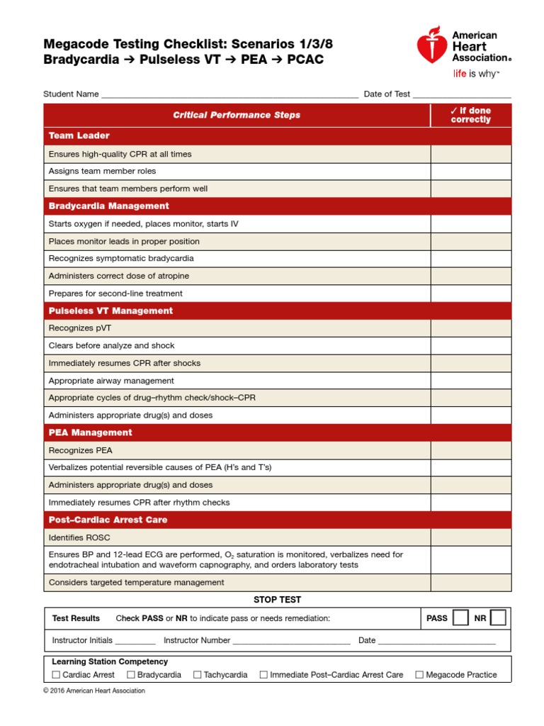 Megacode Testing Checklist: Scenarios 1/3/8 Bradycardia Pulseless VT ...
